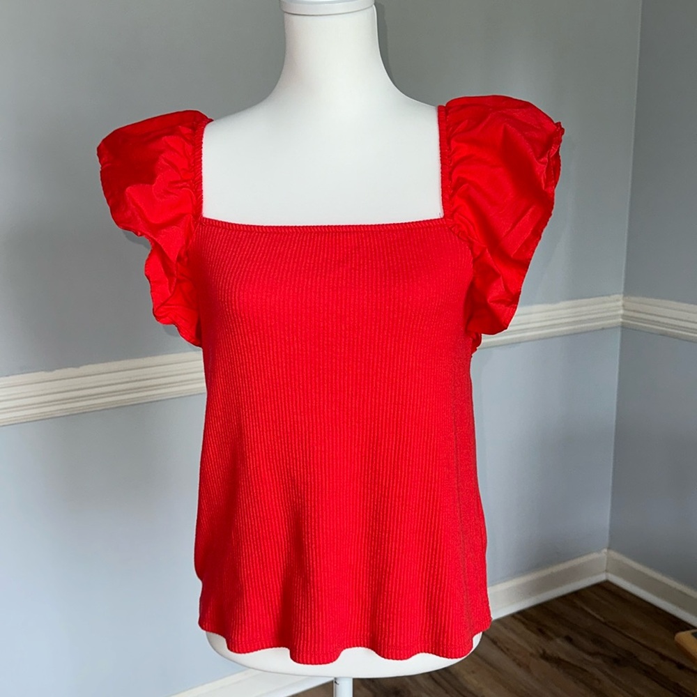 A new day bright red flutter sleeve top